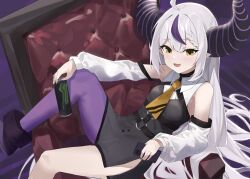Rule 34 | 1girl, absurdres, bare shoulders, detached sleeves, evening rabbit, grey hair, highres, hololive, horns, la+ darknesss, long hair, looking at viewer, multicolored hair, open mouth, smile, solo, streaked hair, virtual youtuber