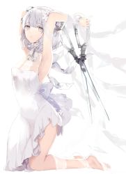 Rule 34 | 1girl, armpits, arms up, bare shoulders, barefoot, breasts, brown eyes, closed mouth, commentary request, curled horns, dress, expressionless, flower, has bad revision, highres, holding, horns, kneeling, looking at viewer, original, ribbon, scissors, short hair, silver hair, sleeveless, sleeveless dress, small breasts, solo, thighs, torn clothes, torn dress, white dress, white flower, white ribbon, wrist cuffs, yukisame