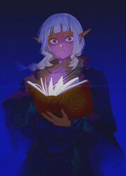 Rule 34 | 1boy, blue background, blue robe, book, dark-skinned male, dark elf, dark skin, dungeon meshi, dwirisky, elf, glowing, gradient background, highres, hime cut, holding, holding book, long hair, long sleeves, looking at viewer, pointy ears, ponytail, red eyes, robe, solo, sparkle, thistle (dungeon meshi), white hair