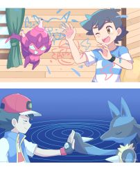 Rule 34 | 1boy, ;d, ash ketchum, black hair, blouse, blue jacket, bracelet, brown eyes, character print, closed eyes, closed mouth, creatures (company), curtains, game freak, gen 1 pokemon, gen 4 pokemon, gen 7 pokemon, gen 8 pokemon, hat, highres, jacket, jewelry, lucario, male focus, mei (maysroom), nintendo, one eye closed, open mouth, pikachu, poipole, pokemon, pokemon (anime), pokemon journeys, pokemon sm (anime), red headwear, ripples, shirt, short hair, short sleeves, sleeveless, sleeveless jacket, smile, striped clothes, striped shirt, t-shirt, teeth, tongue, twitter username, ultra beast, upper teeth only, white shirt, window, wooden wall, z-ring