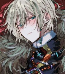Rule 34 | 1boy, bead necklace, beads, black jacket, blonde hair, blue eyes, closed mouth, clothing request, eichi turnr, ensemble stars!, expressionless, fur-trimmed jacket, fur trim, jacket, jewelry, long sleeves, looking at viewer, male focus, necklace, red background, short hair, solo, tenshouin eichi