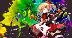 Rule 34 | 1girl, ;q, ascot, bass guitar, blonde hair, bow, cross-laced clothes, electric guitar, flandre scarlet, from below, guitar, hair bow, highres, instrument, kuro (pixiv213382), no headwear, one eye closed, red eyes, side ponytail, skirt, skirt set, solo, striped clothes, striped thighhighs, thighhighs, tongue, tongue out, touhou, wings