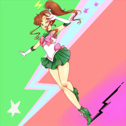 Rule 34 | 1girl, ;d, ankle boots, bare legs, bishoujo senshi sailor moon, boots, bow, brown hair, circlet, cross-laced footwear, elbow gloves, full body, gloves, green footwear, green skirt, hair bobbles, hair ornament, high heel boots, high heels, high ponytail, kino makoto, long hair, miniskirt, one eye closed, open mouth, outstretched arm, pink bow, pleated skirt, ponytail, rotte (nuuum), sailor jupiter, sidelocks, skirt, smile, solo, standing, standing on one leg, star (symbol), white gloves