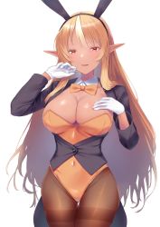 Rule 34 | 1girl, animal ears, bare shoulders, black jacket, blonde hair, blush, bow, bowtie, breasts, cleavage, covered navel, dark-skinned female, dark skin, detached collar, elf, fake animal ears, gloves, hand on own chest, highres, hololive, ichi-go, jacket, large breasts, leotard, leotard under clothes, long hair, long sleeves, looking at viewer, multicolored hair, open mouth, orange bow, orange bowtie, orange leotard, pantyhose, playboy bunny, pointy ears, rabbit ears, red eyes, shiranui flare, simple background, smile, solo, strapless, strapless leotard, streaked hair, virtual youtuber, white background, white gloves, wrist cuffs