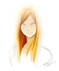 Rule 34 | 1girl, backlighting, dated, lips, long hair, looking at viewer, orange hair, original, parted bangs, poaro, pointing, portrait, signature, sketch, smile, solo, upper body, white background, yellow eyes