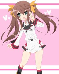 Rule 34 | 10s, bad id, bad pixiv id, bare shoulders, blush, brown hair, green eyes, hair ribbon, highres, huang lingyin, infinite stratos, open mouth, ribbon, ryurin120, skirt, solo, twintails, v