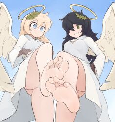 Rule 34 | 2girls, angel wings, ass, bandaged arm, bandages, bare legs, barefoot, black hair, blonde hair, blue background, blue eyes, borrowed character, breasts, cleavage cutout, closed mouth, clothing cutout, commentary, commission, english commentary, feathered wings, feet, female focus, foot focus, from below, green eyes, grin, hair between eyes, hair over one eye, halo, hand on own hip, highres, laurel crown, leg up, long hair, long sleeves, looking down, medium breasts, messy hair, multiple girls, original, panties, raised eyebrows, robe, simple background, smile, softhanten, soles, standing, standing on one leg, teeth, toes, underwear, white panties, white robe, white wings, wide sleeves, wings