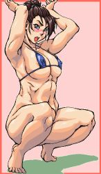 Rule 34 | 1girl, armpits, arms up, bikini, blue bikini, blush, bottomless, breasts, brown hair, covered erect nipples, large breasts, micro bikini, muscular, no panties, solo, swimsuit, wotsukuri, wotsukuri (pixiv3703)
