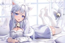 Rule 34 | 1girl, :3, absurdres, ahoge, animal ears, bell, blue dress, blue eyes, blue ribbon, blush, braid, breasts, cape, cat ears, cat tail, cleavage, dress, fuyoyo, grey hair, hair ornament, hairpin, highres, large breasts, long hair, lying, on stomach, open mouth, original, pillow, ribbon, solo, star (symbol), tail, thighhighs, window