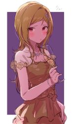 Rule 34 | 1girl, blonde hair, blush, border, bracelet, breasts, brown dress, cleavage, closed mouth, collarbone, cup, dani-ikapi, dot nose, dress, earrings, flower, hair flower, hair ornament, hand up, highres, holding, holding cup, idolmaster, idolmaster million live!, idolmaster million live! theater days, jewelry, large breasts, long hair, looking at viewer, momose rio, outside border, purple background, purple flower, red eyes, short sleeves, simple background, solo, upper body, white border