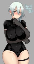Rule 34 | 1girl, 2021, :t, agawa ryou, blue hair, blush, breasts, brown eyes, cameltoe, cleft of venus, commentary, covered erect nipples, dated, elbow gloves, english commentary, gloves, grey background, large breasts, long hair, original, puffy nipples, signature, simple background, skindentation, solo, thick thighs, thigh strap, thighs