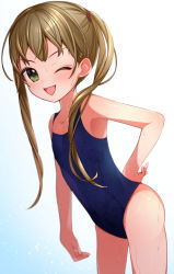 Rule 34 | 1girl, :d, brown hair, female focus, flat chest, ggyoku, gradient background, green eyes, highres, idolmaster, idolmaster cinderella girls, leaning forward, looking at viewer, one-piece swimsuit, one eye closed, open mouth, smile, solo, swimsuit, twintails, wet, wink, yokoyama chika