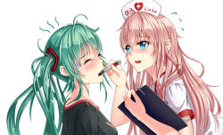Rule 34 | 2girls, bad id, bad pixiv id, black shirt, blue theme, blush, closed eyes, digital thermometer, floating hair, from side, geduan, green hair, hair between eyes, hair ornament, hat, hatsune miku, highres, holding, long hair, megurine luka, multiple girls, nurse cap, open mouth, pink hair, shirt, short sleeves, simple background, tears, thermometer, twintails, upper body, very long hair, vocaloid, white background, white shirt