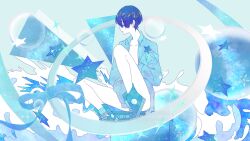 Rule 34 | 1other, alternate costume, androgynous, bad source, blue eyes, converse, galaxy background, highres, houseki no kuni, long sleeves, looking at viewer, open clothes, open shirt, phosphophyllite, phosphophyllite (ll), shirokuko, short hair, solo, water background