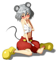 Rule 34 | 1girl, animal ears, blush, cosplay, covering privates, disney, female focus, flat chest, gloves, grey hair, mickey mouse, mickey mouse (cosplay), mouse ears, mouse tail, nazrin, no bra, no socks, orange-pengin, red eyes, short hair, solo, tail, topless, touhou