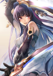 Rule 34 | 1girl, animal ears, armlet, armpits, arms behind head, arms up, bare shoulders, bell, black gloves, black hair, blush, breasts, cleavage, dress, dual wielding, elbow gloves, erune, fighting stance, fox ears, gloves, granblue fantasy, granblue fantasy versus, hair bell, hair ornament, hinoru saikusa, holding, holding sword, holding weapon, jingle bell, large breasts, long hair, looking at viewer, open mouth, purple eyes, purple ribbon, ribbon, short dress, simple background, smile, solo, steam, sweat, sword, tail, very long hair, weapon, white background, white dress, yuel (granblue fantasy)