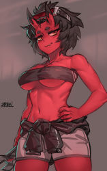 Rule 34 | 1girl, bandeau, bangs pinned back, bare arms, bare shoulders, black hair, breasts, clothes around waist, colored skin, cowboy shot, fang, fang out, fingernails, goggles, goggles on head, grey background, grey shorts, hand on own hip, holding, holding wrench, horns, jacket, jacket around waist, kidouko (zakusi), large breasts, looking at viewer, navel, oni, original, red oni, red skin, short hair, short shorts, shorts, signature, solo, standing, strapless, symbol-only commentary, tube top, underboob, wrench, zakusi