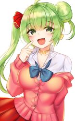 Rule 34 | 1girl, :3, bad id, bad pixiv id, blush, breasts, cardigan, earrings, finger to cheek, green eyes, green hair, hair bun, heart, heart earrings, heart necklace, highres, jewelry, kbn317, last origin, lindwurm (last origin), looking at viewer, medium breasts, necklace, open mouth, pleated skirt, red skirt, school uniform, side ponytail, simple background, single hair bun, skirt, smile, solo, two side up, white background