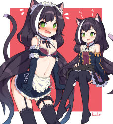 Rule 34 | 1girl, animal ear fluff, animal ears, apron, bare shoulders, bikini, bikini top only, black garter straps, black gloves, black hair, black skirt, black thighhighs, blush, breasts, bridal garter, brooch, cat, cat ears, cat girl, cat tail, chinese commentary, collar, commentary request, detached collar, detached sleeves, elbow gloves, embarrassed, fang, frilled apron, frilled collar, frills, garter straps, gloves, green eyes, hair between eyes, highres, jewelry, karyl (princess connect!), kotoba (1074421015), long hair, looking at viewer, low twintails, maid, maid bikini, maid headdress, multicolored hair, navel, no shoes, open mouth, partial commentary, princess connect!, simple background, skindentation, skirt, small breasts, solo, streaked hair, swimsuit, tail, thighhighs, twintails, unconventional maid, very long hair, waist apron, white apron, white hair, zettai ryouiki