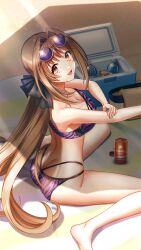 1girl :d applying_sunscreen ass bare_arms bare_legs barefoot bikini blush breasts brown_eyes brown_hair cleavage day doukyuusei_another_world eyewear_on_head from_above game_cg hair_intakes kakyuusei_2 long_hair looking_at_viewer lotion medium_breasts official_art open_mouth outdoors print_bikini purple-tinted_eyewear purple_bikini saimon_tamaki sitting smile solo sunglasses sunscreen swimsuit tinted_eyewear very_long_hair wariza