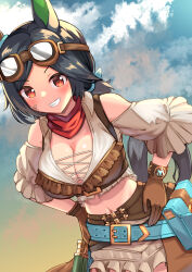 Rule 34 | 1girl, animal ears, belt, black hair, blue belt, blue sky, blush, breasts, brown gloves, cleavage, cloud, cloudy sky, commentary request, cowboy shot, dirty, dirty face, ear ornament, frilled shirt, frilled skirt, frills, gloves, goggles, goggles on head, grin, hands on own hips, highres, horse ears, horse girl, horse tail, large breasts, looking at viewer, official alternate costume, outdoors, partial commentary, red eyes, shirt, short hair, skirt, sky, smile, solo, tail, umamusume, winning ticket (dream deliverer) (umamusume), winning ticket (umamusume), yuutopia