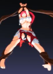 Rule 34 | 1girl, absurdres, alternate hairstyle, armpits, arms up, asymmetrical bangs, bare shoulders, barefoot, black panties, blood, bound, breasts, brown eyes, cameltoe, captured, clenched hands, clenched teeth, closed eyes, collarbone, colorized, defeat, erza scarlet, eyelashes, fairy tail, feet, fingernails, full body, gluteal fold, highres, huge filesize, injury, japanese clothes, large breasts, legs, long hair, mashima hiro, midriff, navel, neck, night, night sky, official alternate costume, official art, outdoors, own hands together, pain, panties, pants, ponytail, red hair, red pants, sarashi, sexually suggestive, shiny skin, side bangs, sidelocks, sky, soles, straight hair, sunlight, teeth, tentacles, thighs, tied up, toenails, toes, torn clothes, torn pants, underboob, underwear