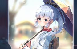 Rule 34 | 1girl, ayaka (genshin impact), blue eyes, blue hair, blunt bangs, blurry, blurry background, blush, brown umbrella, closed mouth, commentary request, depth of field, enuni, from side, genshin impact, high ponytail, highres, holding, holding umbrella, japanese clothes, kimono, long hair, looking at viewer, looking to the side, mole, mole under eye, obi, oil-paper umbrella, ponytail, sash, sidelocks, smile, solo, umbrella, upper body, white kimono