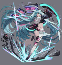 Rule 34 | 1girl, absurdres, animal ears, aqua hair, belt, black footwear, black jacket, breasts, commentary request, cropped jacket, electricity, fake animal ears, full body, grey background, highres, jacket, knee pads, knee up, kneehighs, korean commentary, large breasts, long hair, looking to the side, midriff, navel, open mouth, original, pink eyes, rabbit ears, seoki (hi3031), shadow, shiny skin, short shorts, shorts, simple background, socks, solo, stomach, thighs, twintails, very long hair, weapon