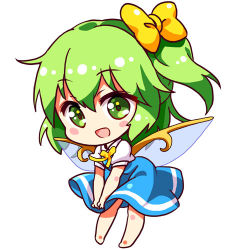 Rule 34 | 1girl, :d, ascot, barefoot, blue dress, blue wings, blush, blush stickers, bow, chibi, daiyousei, dress, fairy wings, full body, green eyes, green hair, hair bow, looking at viewer, lowres, matching hair/eyes, open mouth, puffy short sleeves, puffy sleeves, renren (ah renren), short sleeves, side ponytail, smile, solo, touhou, white background, wings, yellow bow
