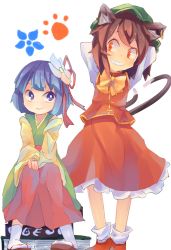 Rule 34 | 2girls, amakoke, animal ears, arms behind back, bad id, bad pixiv id, book, bow, brown hair, cat ears, cat tail, chen, earrings, flower, grin, hair flower, hair ornament, hat, hieda no akyuu, japanese clothes, jewelry, kimono, looking at another, multiple girls, multiple tails, nekomata, purple eyes, purple hair, short hair, simple background, sitting, smile, tail, touhou, white background