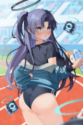 Rule 34 | 1girl, :o, absurdres, ass, black buruma, black shirt, blue archive, blue eyes, blue hair, blurry, blush, bottle, breasts, buruma, commentary request, day, depth of field, double vertical stripe, drone, gym shirt, gym uniform, halo, highres, holding, holding bottle, jacket, looking at viewer, mechanical halo, medium breasts, official alternate costume, open mouth, outdoors, parted bangs, shirt, short sleeves, solo, syuma, t-shirt, thighs, track and field, track jacket, two side up, water bottle, yuuka (blue archive), yuuka (track) (blue archive)