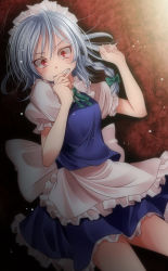 Rule 34 | 1girl, absurdres, apron, bad id, bad pixiv id, bow, braid, clenched teeth, constricted pupils, embodiment of scarlet devil, female focus, green ribbon, grey hair, hair bow, hair ribbon, hand to own mouth, highres, izayoi sakuya, letterboxed, maid, maid apron, maid headdress, red eyes, ribbon, short hair, solo, teeth, touhou, tsukishiro saika, twin braids, waist apron