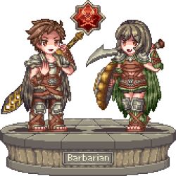Rule 34 | 1boy, 1girl, armor, barbarian (tree of savior), bracer, brown hair, faux figurine, fur trim, greaves, leather armor, pixel art, shield, short hair, simple background, sword, toshi6786, tree of savior, two-handed sword, weapon, white background
