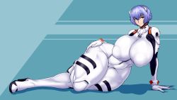 Rule 34 | 1girl, absurdres, ayanami rei, ber00, blue background, blue hair, bodysuit, breasts, closed mouth, covered erect nipples, full body, hair between eyes, hair ornament, hand on own hip, highres, huge breasts, impossible clothes, looking at viewer, lying, neon genesis evangelion, aged up, on side, red eyes, short hair, smile, solo, thick thighs, thighs, two-tone background, wallpaper, wide hips