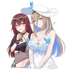 Rule 34 | 2girls, :d, aponia (honkai impact), bare shoulders, blue eyes, breasts, brown hair, cleavage, closed mouth, collarbone, cropped torso, dress, earrings, eden (honkai impact), eyewear on head, half-closed eyes, hat, highres, honkai (series), honkai impact 3rd, jewelry, komitaki, large breasts, long hair, mole, mole under eye, multiple girls, open mouth, simple background, smile, sun hat, sundress, sunglasses, swimsuit, upper body, white background, yellow eyes