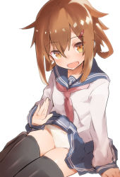 Rule 34 | 1girl, anchor symbol, black thighhighs, blue sailor collar, blue skirt, blush, brown eyes, brown hair, caburi, clothes lift, fang, hair between eyes, hair ornament, hairclip, ikazuchi (kancolle), kantai collection, looking at viewer, neckerchief, open mouth, panties, red neckerchief, sailor collar, school uniform, serafuku, short hair, simple background, sitting, skirt, skirt lift, solo, thighhighs, underwear, white background, white panties