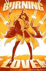 Rule 34 | 10s, 1girl, ahoge, armpits, bad idea, burning love (phrase), cannon, detached sleeves, firing, hand on own hip, headgear, huge ahoge, kantai collection, kongou (kancolle), long hair, mecha musume, monochrome, nontraditional miko, open mouth, sepia, solo, thighhighs, wide sleeves, zettai ryouiki