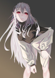 Rule 34 | 1girl, absurdres, arknights, bent over, black shirt, blush, closed mouth, clothes pull, feet out of frame, highres, jacket, jacket pull, leaning forward, long hair, looking at viewer, pointy ears, red eyes, sama 1421598740, shirt, silver hair, simple background, smile, solo, standing, turtleneck, warfarin (arknights), white jacket
