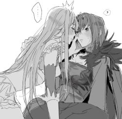 Rule 34 | ..., 2girls, ?, backlighting, bad id, bad twitter id, blush, commentary request, face-to-face, fate/grand order, fate (series), frills, from side, fur trim, greyscale, hair between eyes, hand on another&#039;s cheek, hand on another&#039;s face, imminent kiss, long hair, looking at another, medb (fate), monochrome, multiple girls, parted lips, profile, scathach (fate), scathach skadi (fate), sketch, spoken ellipsis, spoken question mark, sweat, tatsuta age, tiara, white background, yuri