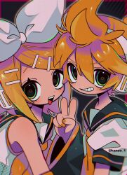 Rule 34 | 1boy, 1girl, absurdres, bare shoulders, black sailor collar, black sleeves, blonde hair, bow, brother and sister, commentary, detached sleeves, from side, green eyes, grin, hair between eyes, hair bow, hair ornament, hairclip, hand up, headphones, highres, kagamine len, kagamine rin, kansou (kanso 1), looking at viewer, looking to the side, nail polish, neckerchief, necktie, open mouth, sailor collar, shirt, short hair, short sleeves, siblings, sleeveless, sleeveless shirt, smile, twitter username, upper body, v, vocaloid, white bow, white shirt, yellow nails, yellow neckerchief, yellow necktie