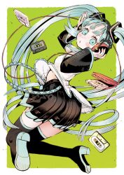 Rule 34 | 1girl, aqua eyes, aqua hair, black footwear, black skirt, black sleeves, boots, border, cassette tape, detached sleeves, from behind, full body, green background, hands on headphones, hands up, hatsune miku, headphones, highres, kawamitsu, long hair, long sleeves, looking at viewer, looking back, midriff peek, miniskirt, outside border, parted lips, pleated skirt, shirt, skirt, sleeveless, sleeveless shirt, solo, thigh boots, thighhighs, twintails, very long hair, vocaloid, walkman, white border, white shirt, zettai ryouiki