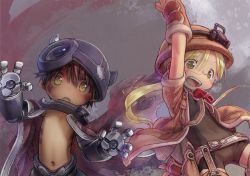 Rule 34 | 1boy, 1girl, absurdres, blonde hair, blush, brown gloves, brown hair, glasses, gloves, green eyes, helmet, highres, huge filesize, looking at viewer, made in abyss, navel, official art, open mouth, outie navel, pith helmet, regu (made in abyss), riko (made in abyss), scan, short hair, smile, teeth, tsukushi akihito, twintails, whistle, whistle around neck, yellow eyes