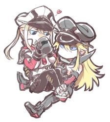 Rule 34 | 10s, 2girls, anchor symbol, bare shoulders, bismarck (kancolle), black legwear, blonde hair, blue eyes, capelet, carrying, coffee mug, cup, drinking, elbow gloves, gloves, graf zeppelin (kancolle), hat, heart, kantai collection, long hair, long sleeves, looking at another, military, military hat, mug, multiple girls, necktie, pantyhose, peaked cap, princess carry, sidelocks, simple background, takatsuki nato, thighhighs, transparent background, twintails, white background