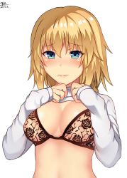 Rule 34 | 1girl, 2017, blonde hair, blue eyes, blush, bra, breasts, cleavage, clothes lift, dated, dyxm, fate/apocrypha, fate (series), hair between eyes, highres, jeanne d&#039;arc (fate), jeanne d&#039;arc (ruler) (fate), long hair, medium breasts, see-through, shirt, shirt lift, signature, simple background, solo, underwear, upper body, white background, white shirt