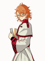 Rule 34 | 1boy, book, capelet, closed mouth, commentary request, crossed bangs, fire emblem, fire emblem engage, hair between eyes, holding, holding book, looking at viewer, male focus, medium hair, nintendo, oda32t, orange hair, pandreo (fire emblem), red trim, robe, simple background, smile, solo, standing, white background, white capelet, white robe, wide sleeves, yellow eyes