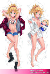 Rule 34 | 1girl, armpits, arms behind head, arms up, artoria pendragon (all), artoria pendragon (fate), bare shoulders, barefoot, bikini, blonde hair, blush, braid, breasts, character doll, closed mouth, collarbone, collared shirt, cutoffs, dakimakura (medium), denim, denim shorts, dress shirt, fate/apocrypha, fate/stay night, fate (series), feet, french braid, full body, green eyes, hair ornament, hair scrunchie, highres, jacket, jewelry, legs, long hair, long sleeves, looking at viewer, micro shorts, mordred (fate), mordred (fate/apocrypha), multiple views, naked shirt, navel, necklace, open clothes, open jacket, parted bangs, ponytail, red jacket, red scrunchie, saber (fate), scrunchie, shirt, short shorts, shorts, sidelocks, small breasts, smile, stuffed toy, swimsuit, thighs, tonee, white bikini, white shirt