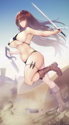 Rule 34 | 1girl, armor, bikini armor, blue eyes, blue sky, boots, breasts, brown hair, cleavage, closed mouth, curvy, desert, dutch angle, full body, hayabusa, highres, holding, holding sword, holding weapon, large breasts, long hair, looking at viewer, navel, original, running, sky, solo, sword, thigh strap, warrior, weapon, weapon in garters