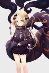 Rule 34 | 1girl, abigail williams (fate), abigail williams (traveling outfit) (fate), anizi, black bow, black jacket, blonde hair, blue eyes, blush, bow, closed mouth, commentary, crossed bandaids, fate/grand order, fate (series), grey background, hair bow, hair down, heroic spirit traveling outfit, highres, jacket, key, light frown, long hair, long sleeves, looking at viewer, official alternate costume, orange bow, parted bangs, polka dot, polka dot bow, simple background, sleeves past fingers, sleeves past wrists, solo, standing, star (symbol), symbol-only commentary, tentacles, very long hair