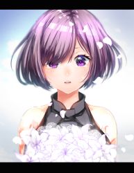 Rule 34 | 1girl, bare shoulders, blush, bouquet, breasts, eyes visible through hair, fate/grand order, fate (series), flower, hair over one eye, highres, letterboxed, lily (flower), mash kyrielight, open mouth, purple eyes, purple hair, short hair, solo, towakarasu