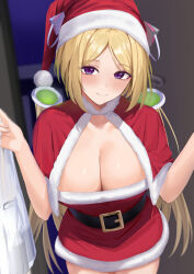 Rule 34 | 1girl, aki rosenthal, blonde hair, blush, bob cut, breasts, cleavage, closed mouth, detached hair, haro art, highres, hololive, large breasts, long hair, looking at viewer, low twintails, parted bangs, purple eyes, santa costume, short hair, solo, twintails, virtual youtuber